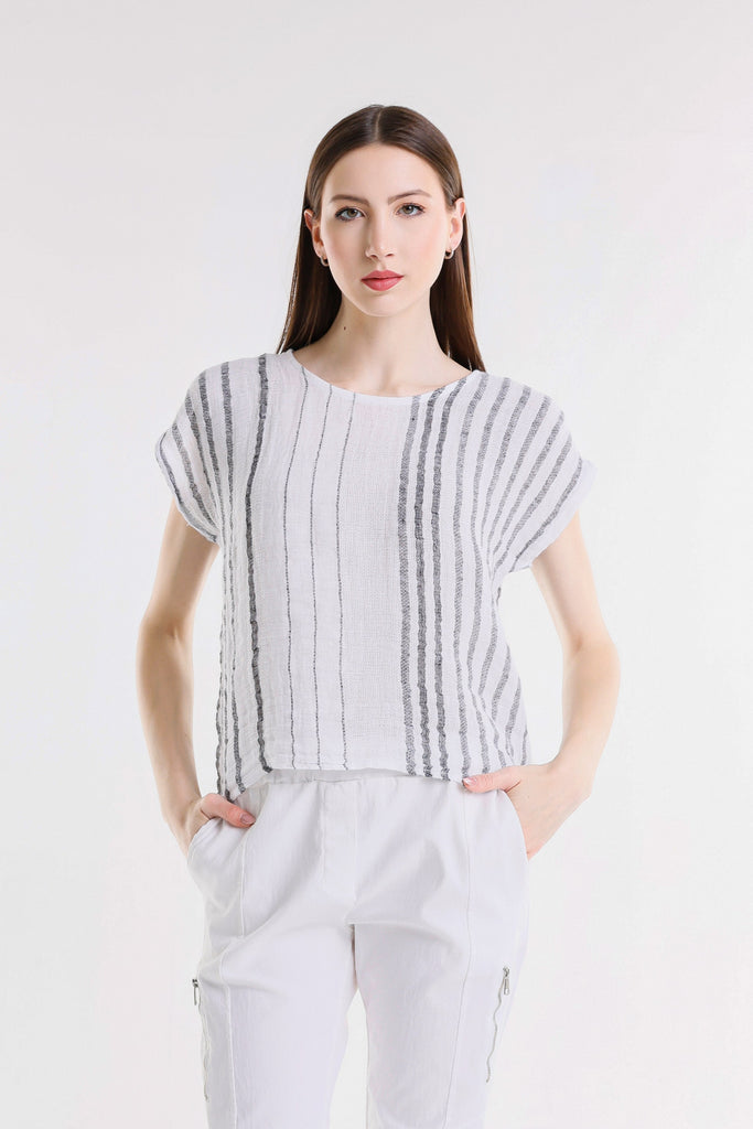 BSS914 100C White w/Charcoal Stripe Heidi SS Specialty Linen Striped Top