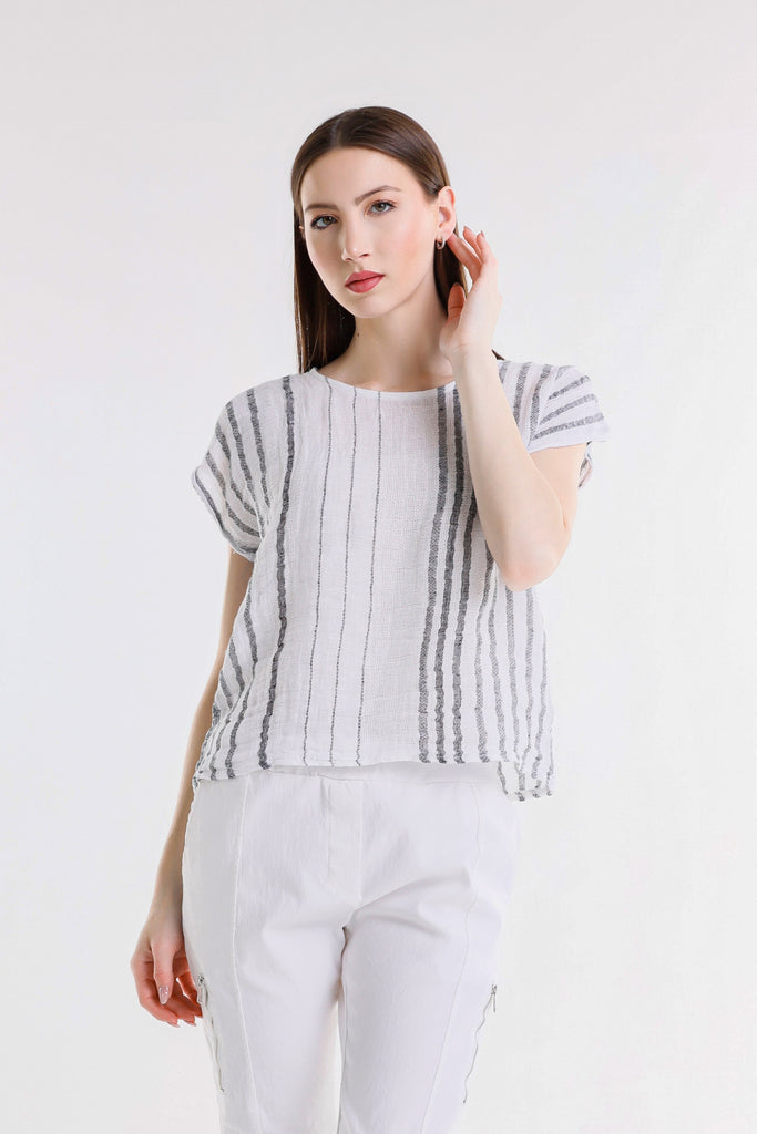 BSS914 100C White w/Charcoal Stripe Heidi SS Specialty Linen Striped Top