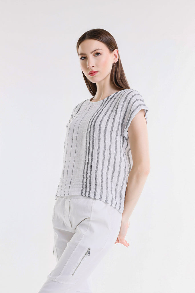 BSS914 100C White w/Charcoal Stripe Heidi SS Specialty Linen Striped Top