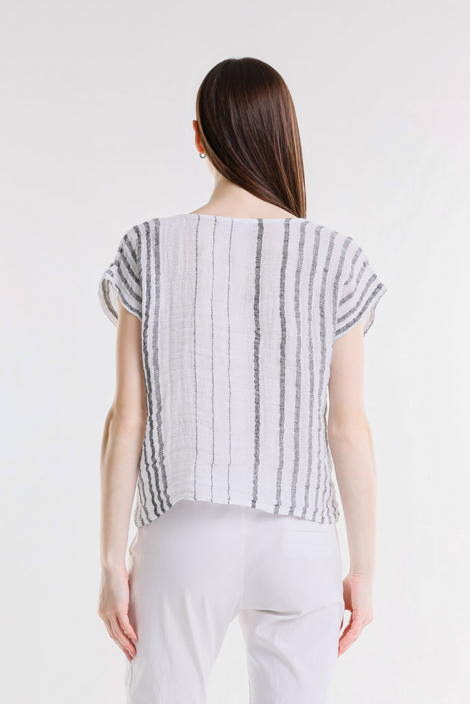 BSS914 100C White w/Charcoal Stripe Heidi SS Specialty Linen Striped Top