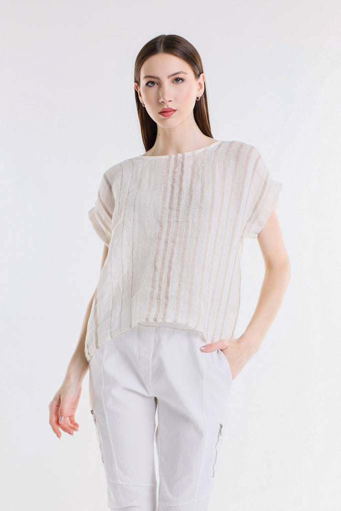 BSS914 109B Natural w/Beige Stripe Heidi SS Specialty Linen Striped Top
