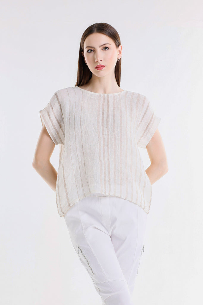 BSS914 109B Natural w/Beige Stripe Heidi SS Specialty Linen Striped Top