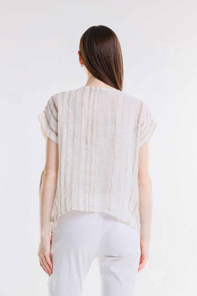 BSS914 109B Natural w/Beige Stripe Heidi SS Specialty Linen Striped Top