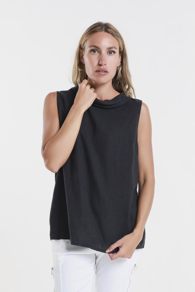 BT104 001 Black Alanna Slvls Linen A-Line Roll Neck Top