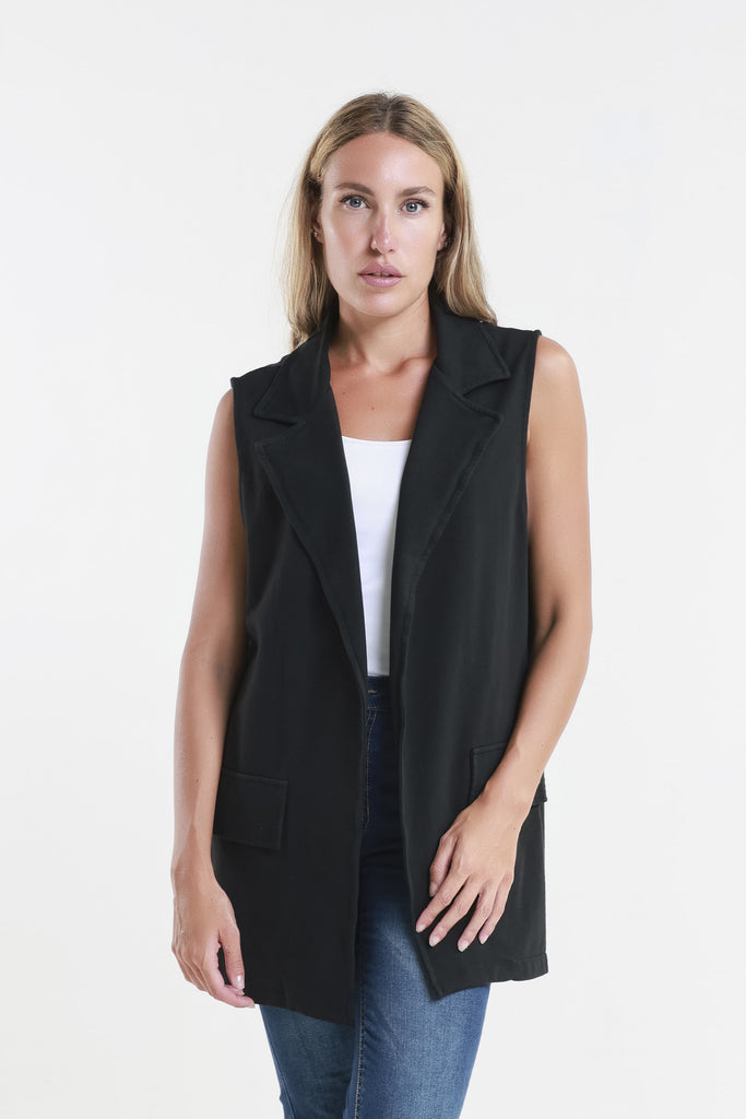 BT128 001 Black Lisa French Terry Long Vest with Lapel-front