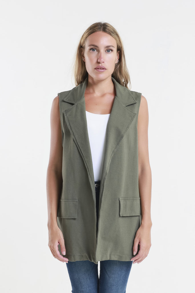 BT128 303 Army Lisa French Terry Long Vest with Lapel-front