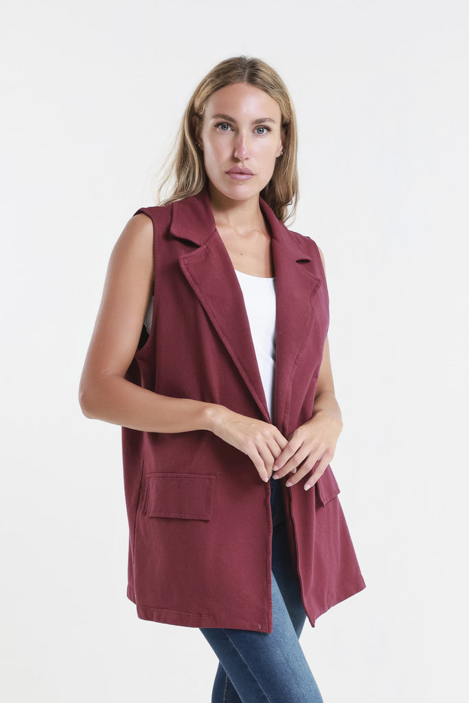 BT128 602 Burgundy Lisa French Terry Long Vest with Lapel-side