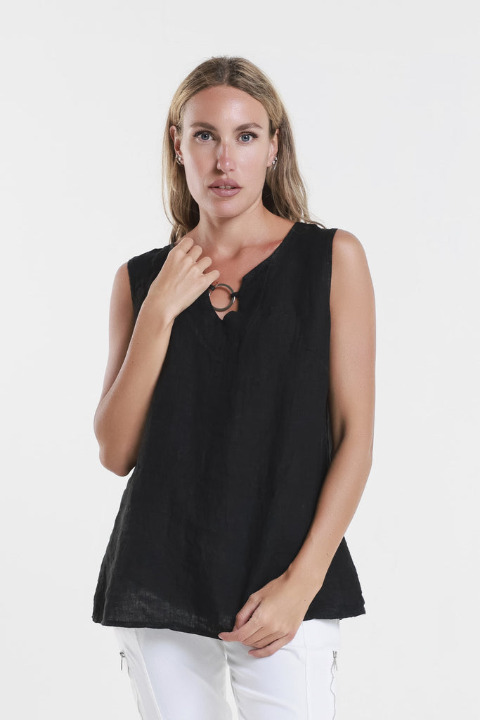 BT129 001 Black Cora Ring Detail Linen Tank