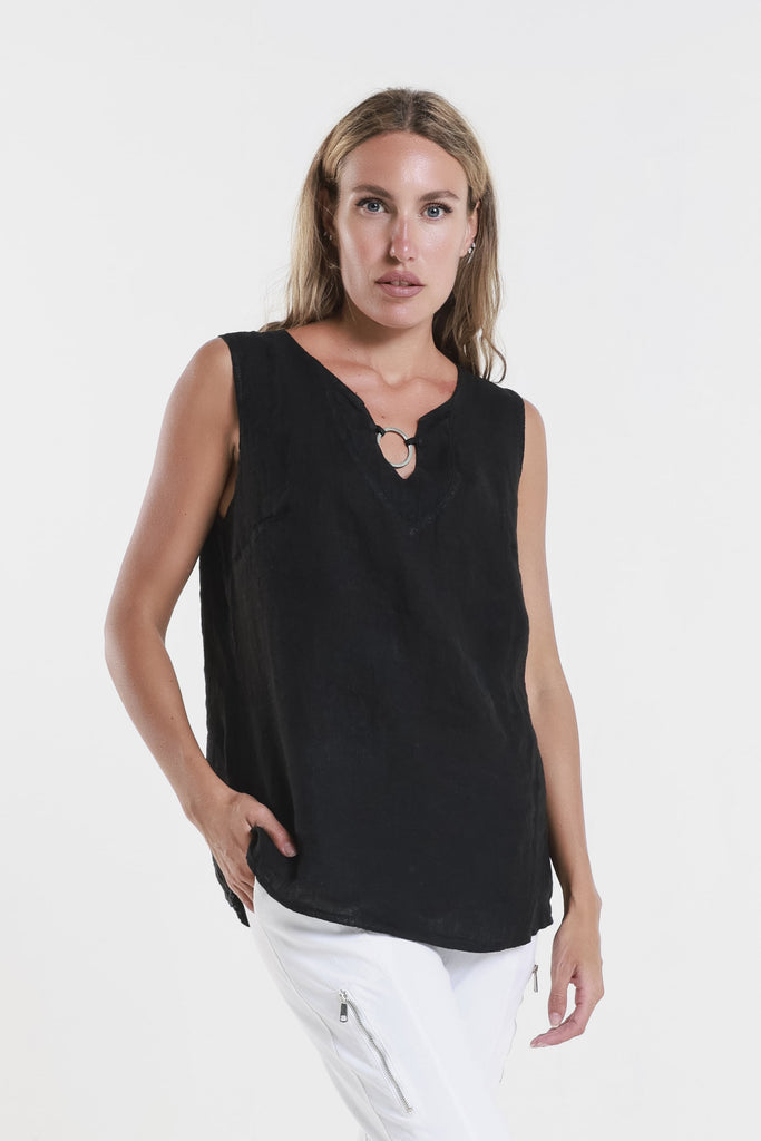 BT129 001 Black Cora Ring Detail Linen Tank