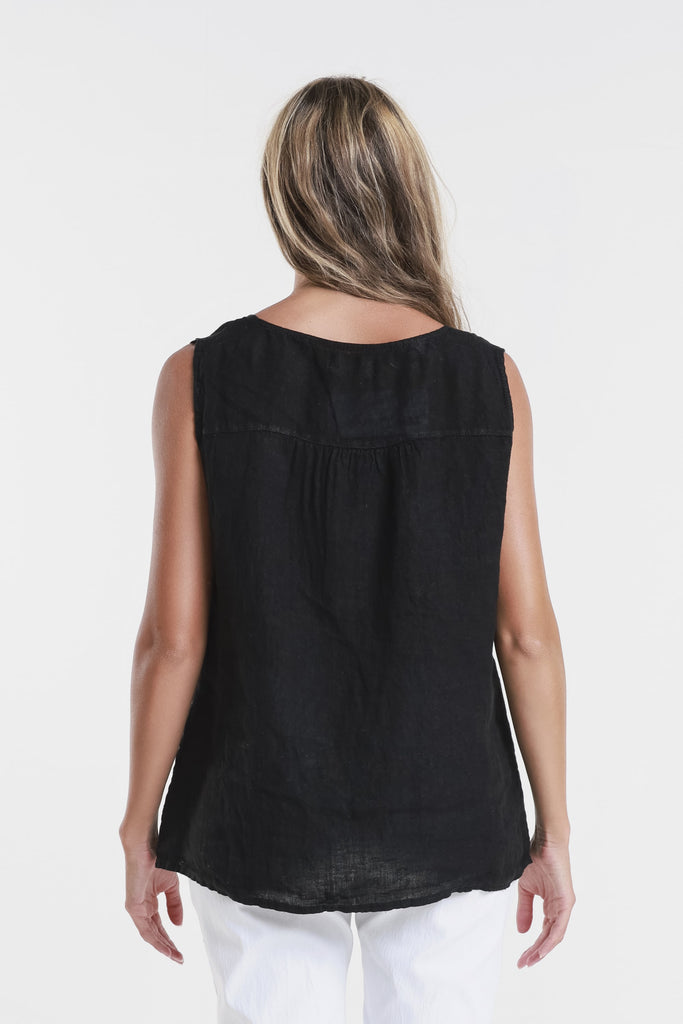 BT129 001 Black Cora Ring Detail Linen Tank
