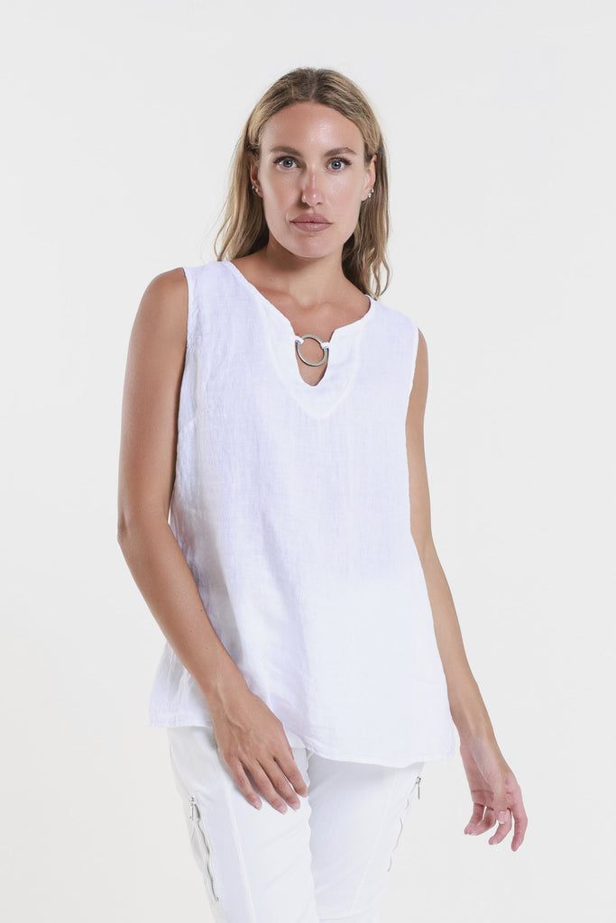 BT129 100 White Cora Ring Detail Linen Tank