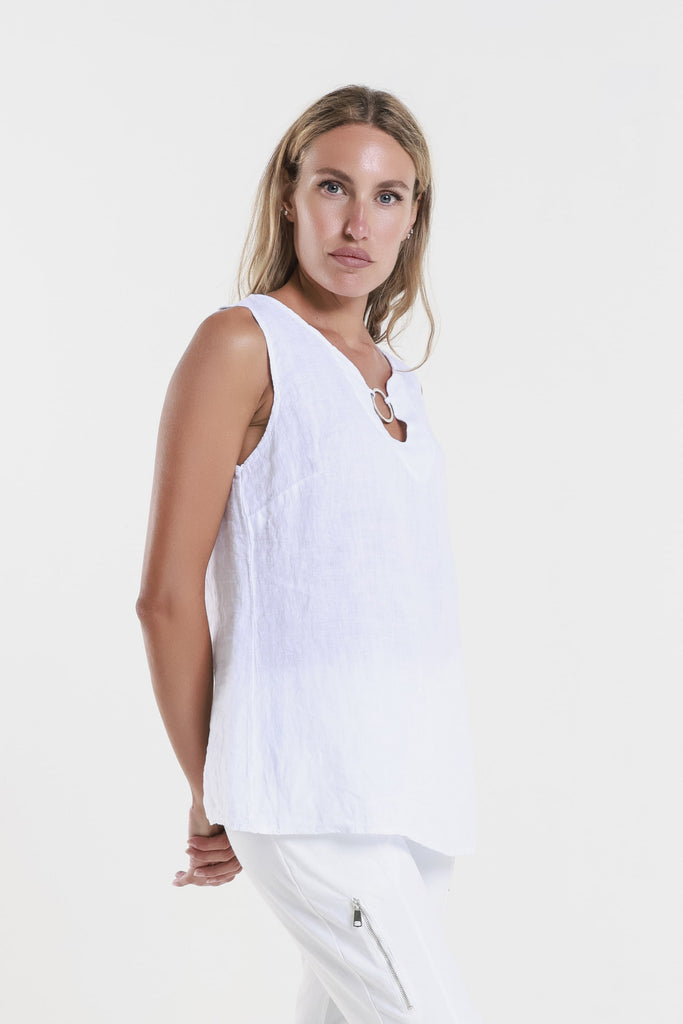 BT129 100 White Cora Ring Detail Linen Tank