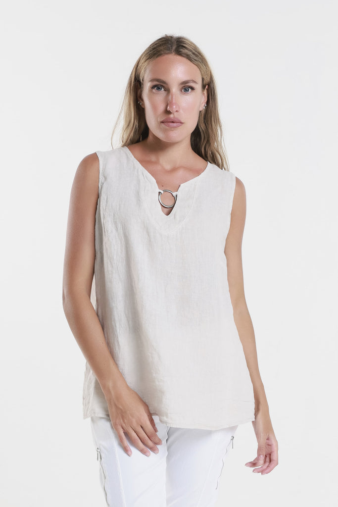 BT129 250 Beige Cora Ring Detail Linen Tank