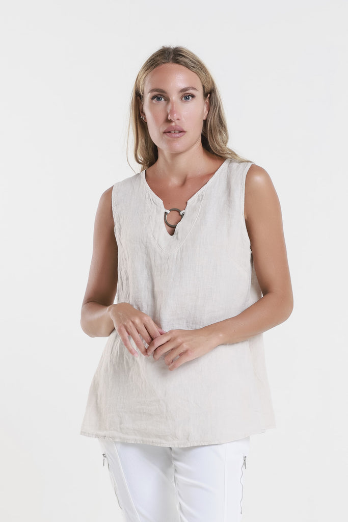 BT129 250 Beige Cora Ring Detail Linen Tank