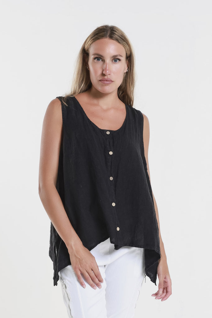 BT131 001 Black Augusta Linen Button Front Top 
