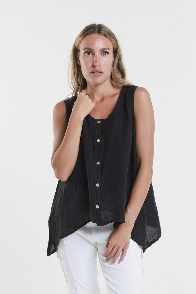 BT131 001 Black Augusta Linen Button Front Top 