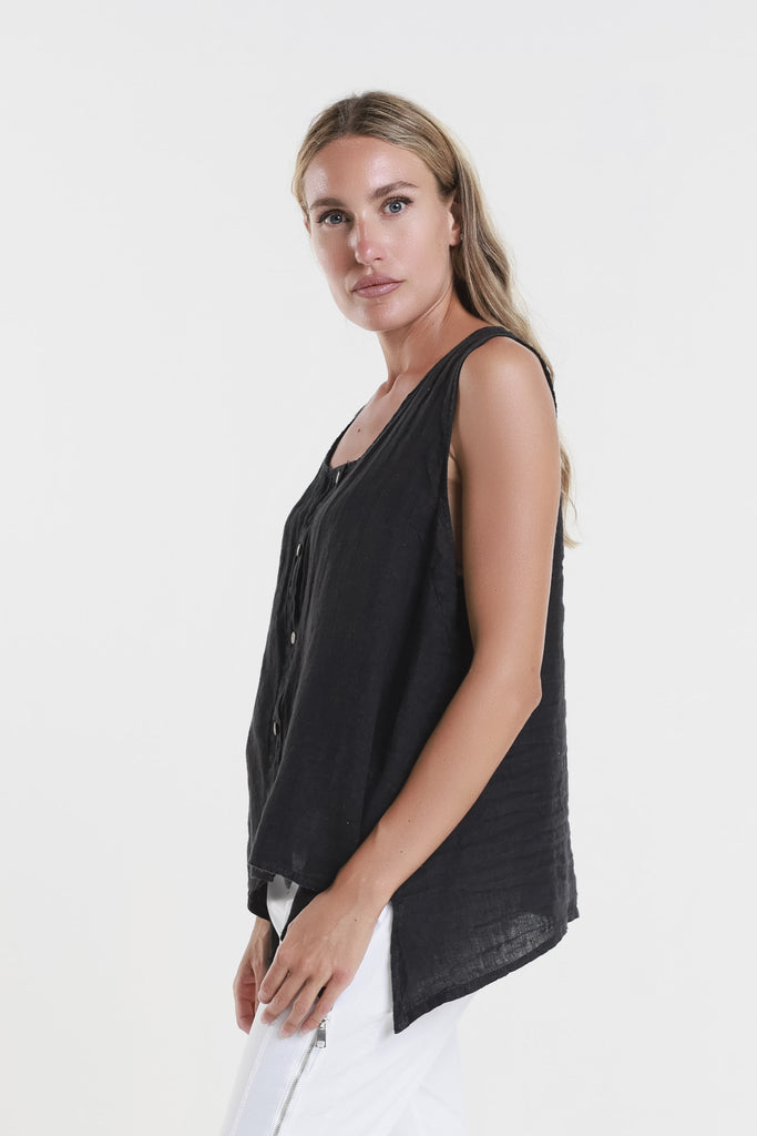 BT131 001 Black Augusta Linen Button Front Top 