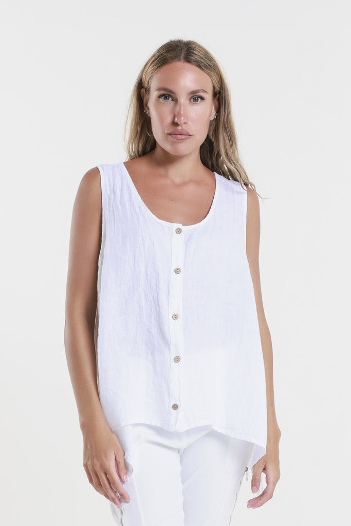 BT131 100 White Augusta Linen Button Front Top 
