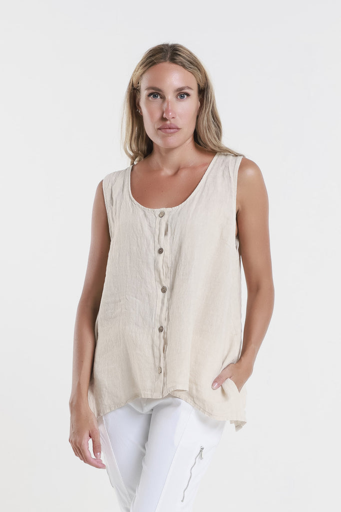 BT131 250 Beige Augusta Linen Button Front Top 