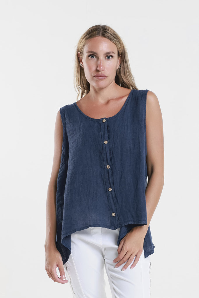 BT131 409 Navy Augusta Linen Button Front Top 