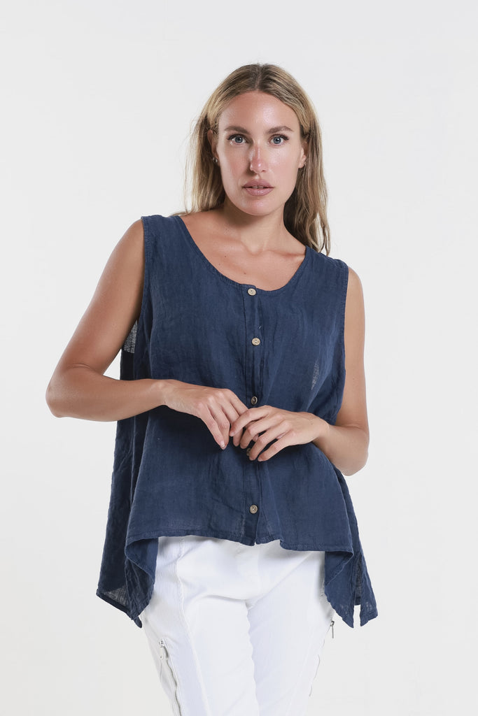 BT131 409 Navy Augusta Linen Button Front Top 