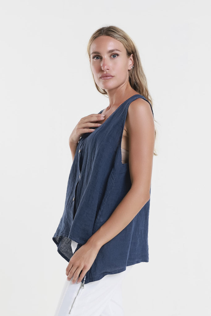 BT131 409 Navy Augusta Linen Button Front Top 