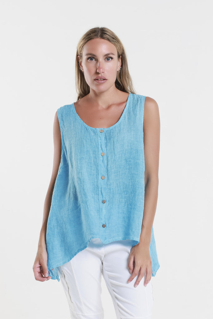 BT131 447 Turq Enzyme Augusta Linen Button Front Top 