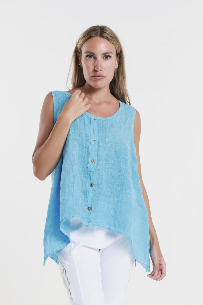 BT131 447 Turq Enzyme Augusta Linen Button Front Top 