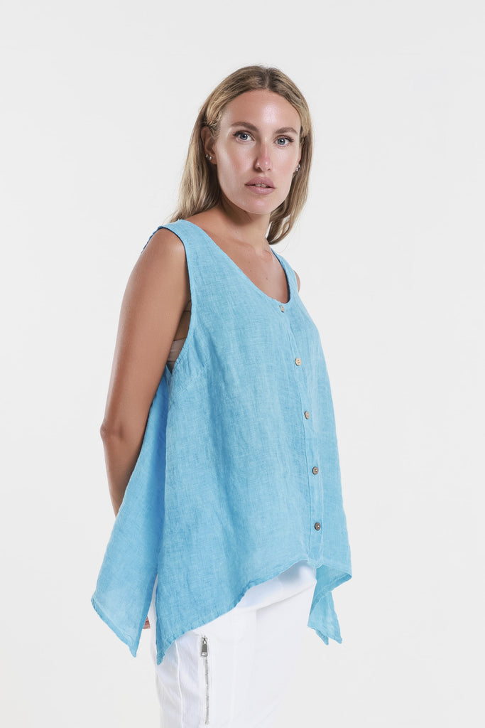 BT131 447 Turq Enzyme Augusta Linen Button Front Top 