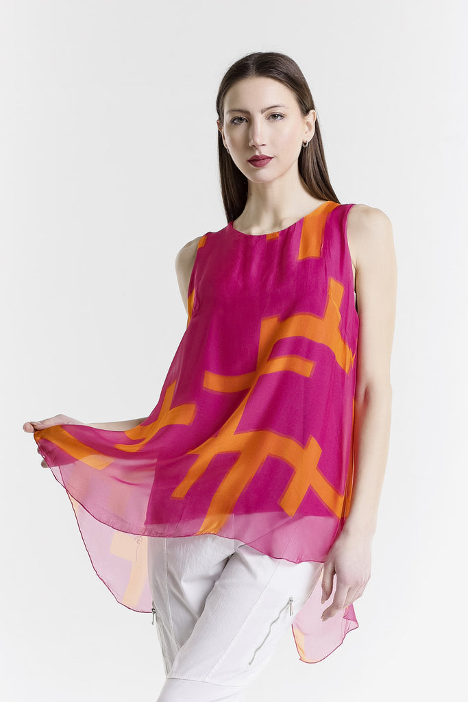 BT237C 672 Fuchsia w/ Orange Cross Print London Cross Print Tank