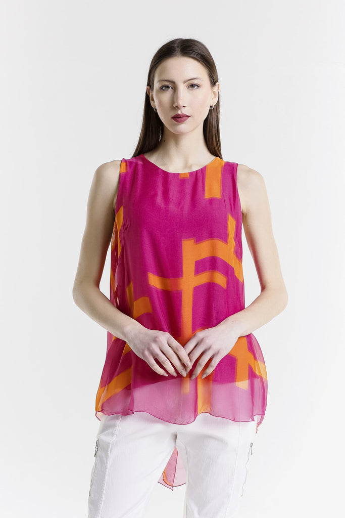 BT237C 672 Fuchsia w/ Orange Cross Print London Cross Print Tank