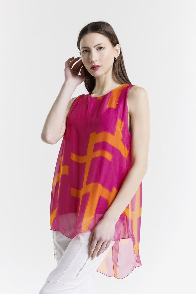 BT237C 672 Fuchsia w/ Orange Cross Print London Cross Print Tank