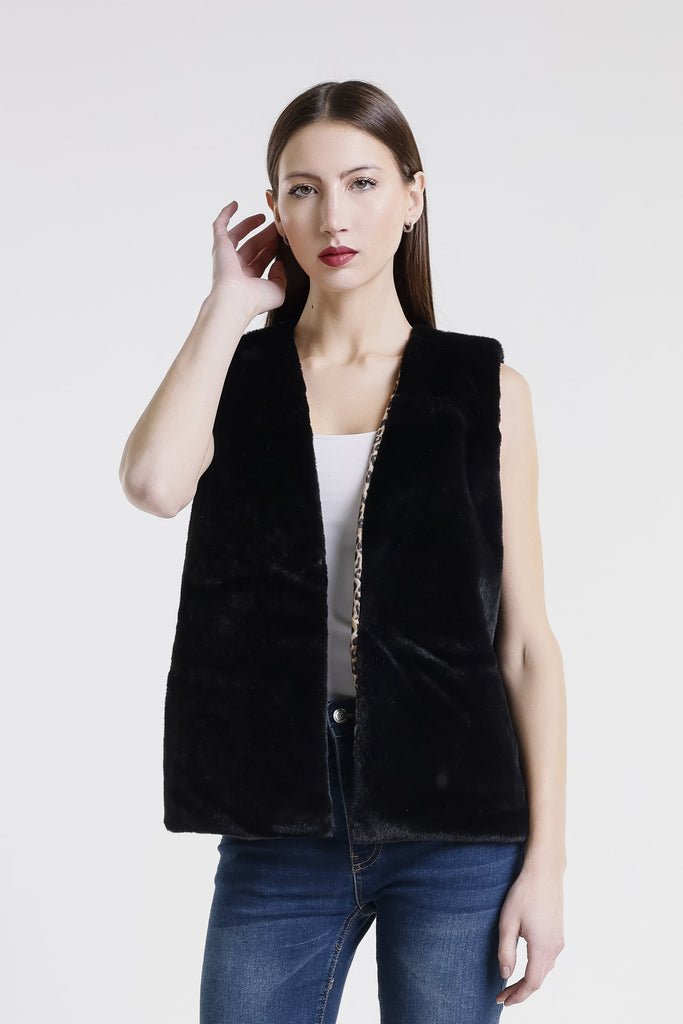 BT501 001 Black Logan Leopard Lined Faux Fur Vest-