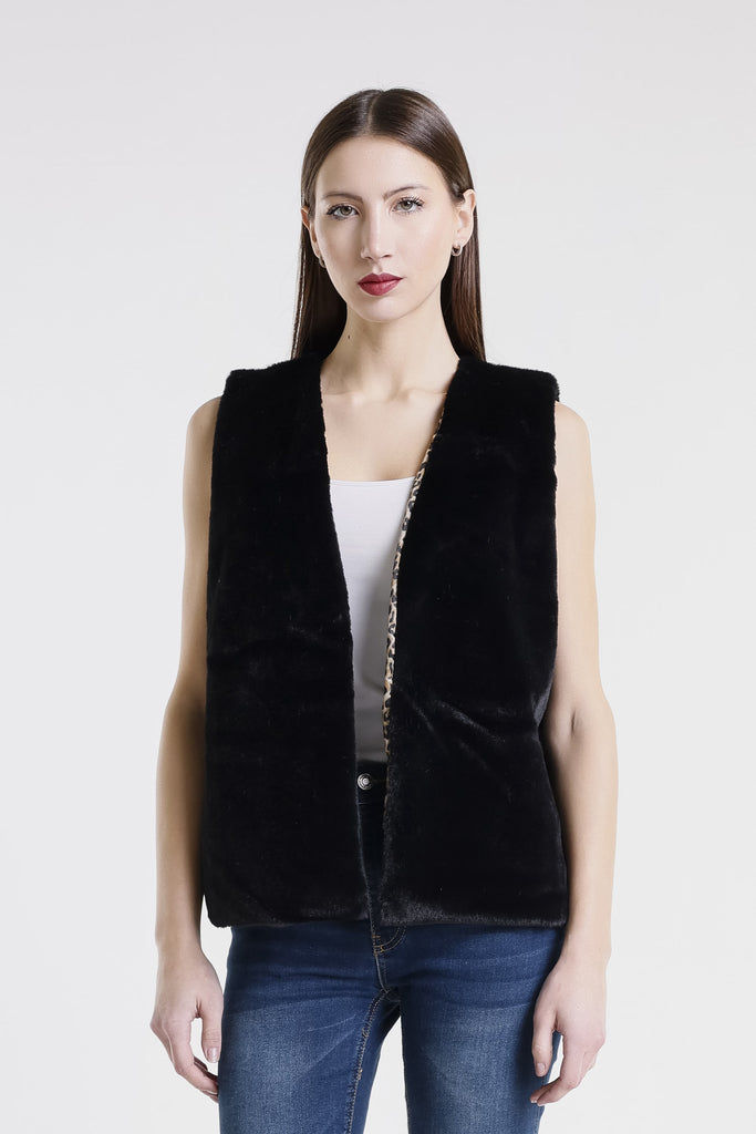 BT501 001 Black Logan Leopard Lined Faux Fur Vest-3