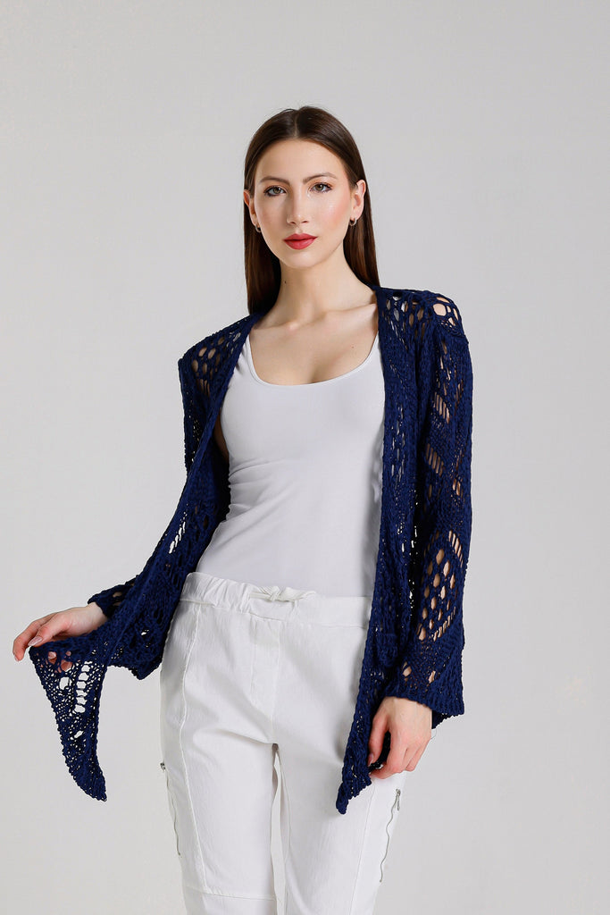 CLS303 409 Navy Kandra LS Open Knit Tie Front Bolero
