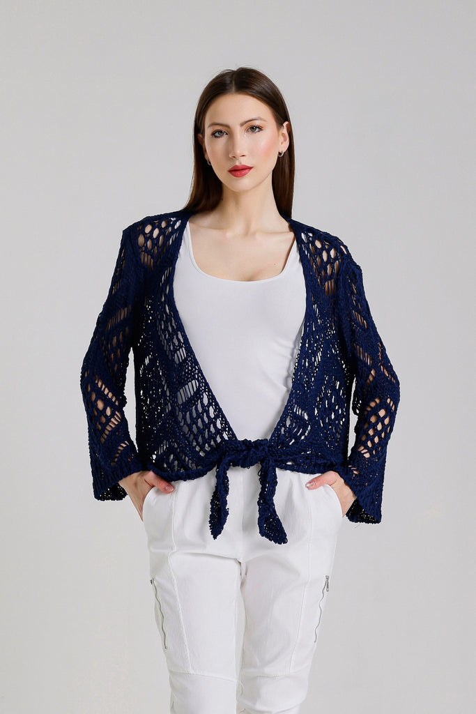 CLS303 409 Navy Kandra LS Open Knit Tie Front Bolero