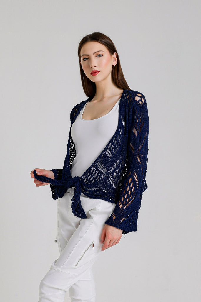 CLS303 409 Navy Kandra LS Open Knit Tie Front Bolero