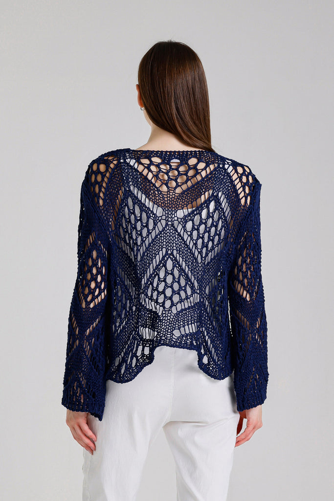 CLS303 409 Navy Kandra LS Open Knit Tie Front Bolero