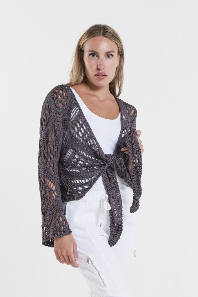CLS303 503 Eggplant Kandra LS Open Knit Tie Front Bolero