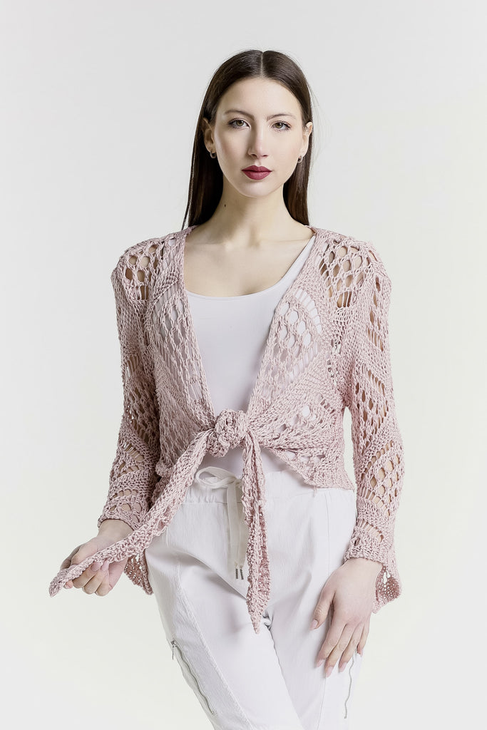 CLS303 681 Blush Kandra LS Open Knit Tie Front Bolero