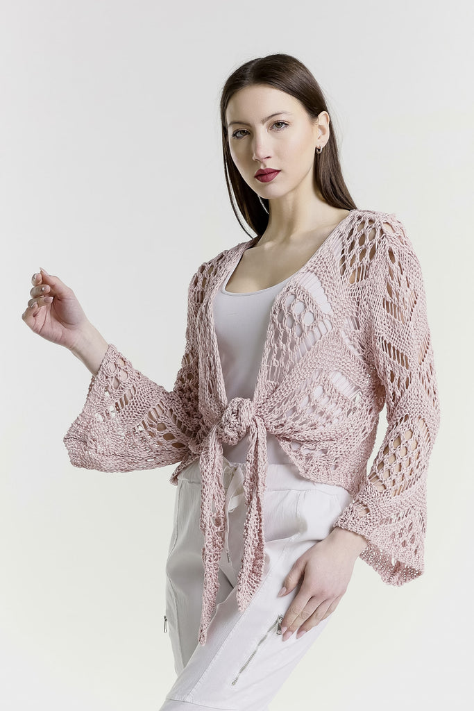 CLS303 681 Blush Kandra LS Open Knit Tie Front Bolero