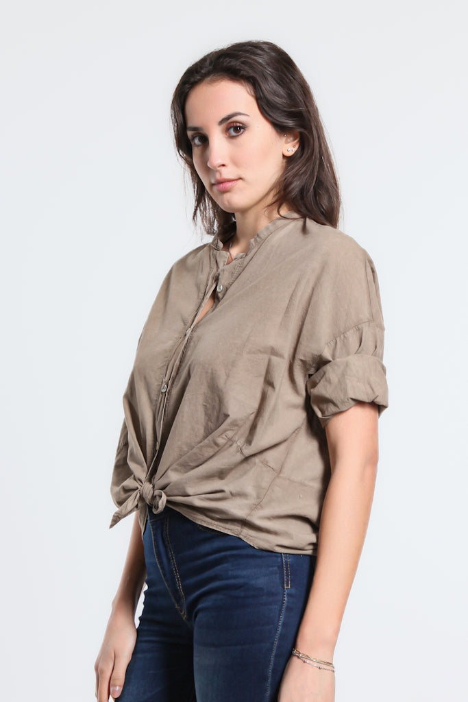 CQ101-241 Taupe Spray Wash Lucia 3/4 Slv Tie Front Top
