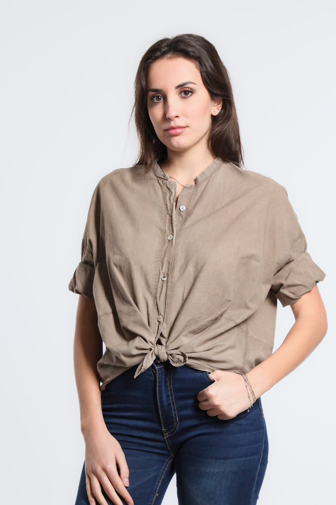 CQ101-241 Taupe Spray Wash Lucia 3/4 Slv Tie Front Top