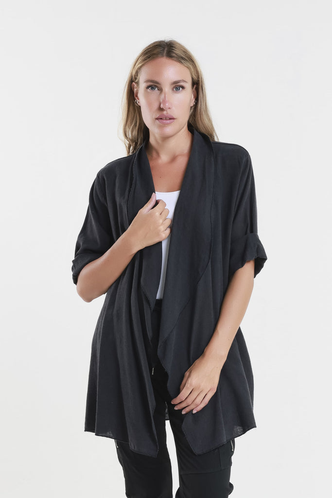 CQ102 001 Black Olivette Gauzy Linen Blend Open Cardi Front