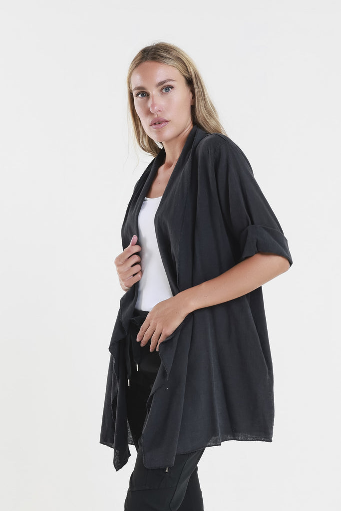 CQ102 001 Black Olivette Gauzy Linen Blend Open Cardi Side