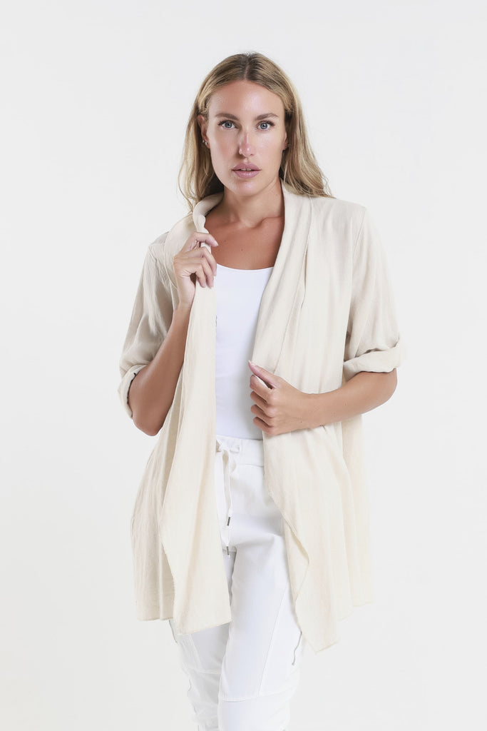 CQ102 250 Beige Olivette Gauzy Linen Blend Open Cardi Front