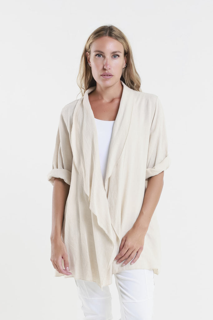 CQ102 250 Beige Olivette Gauzy Linen Blend Open Cardi Front 2