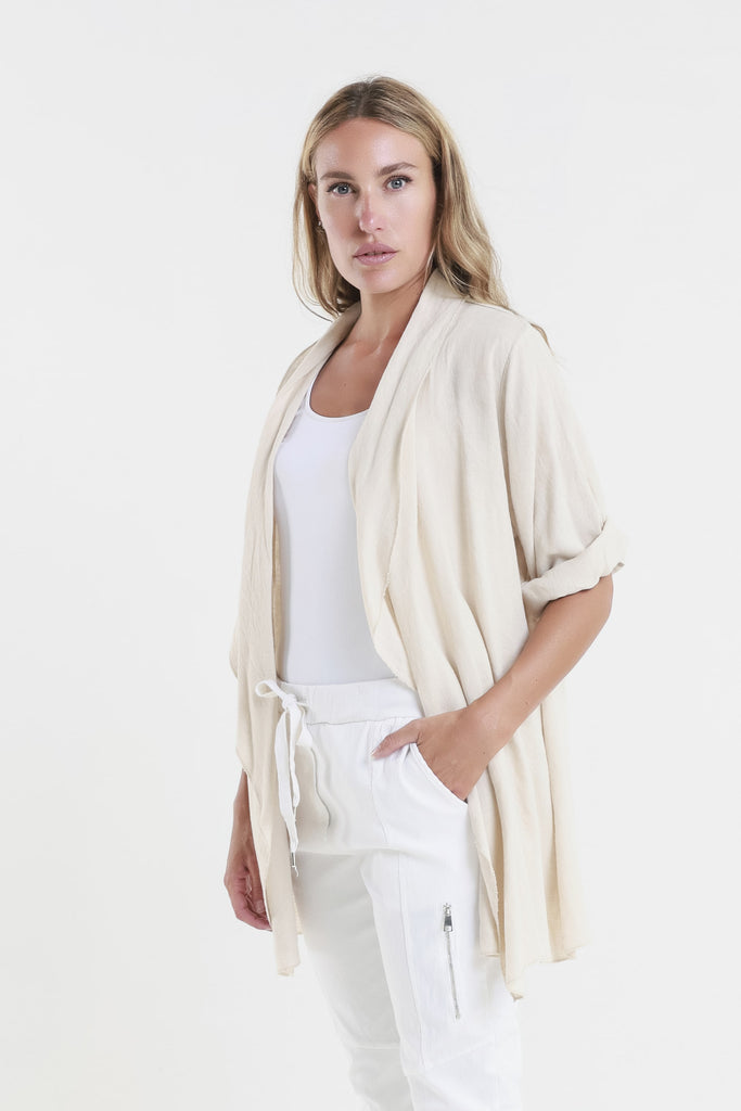 CQ102 250 Beige Olivette Gauzy Linen Blend Open Cardi Side