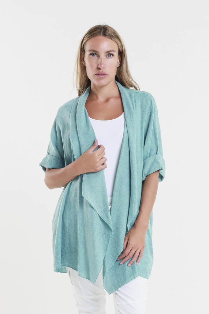 CQ102 328 Teal Enzyme Olivette Gauzy Linen Blend Open Cardi Front