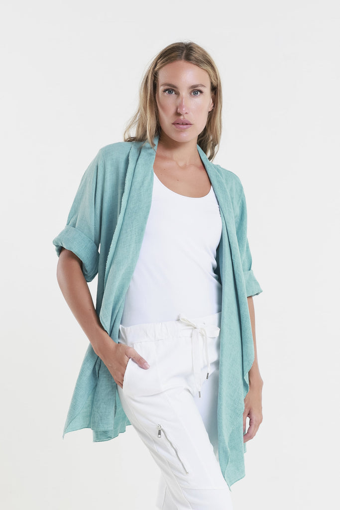 CQ102 328 Teal Enzyme Olivette Gauzy Linen Blend Open Cardi Front 2